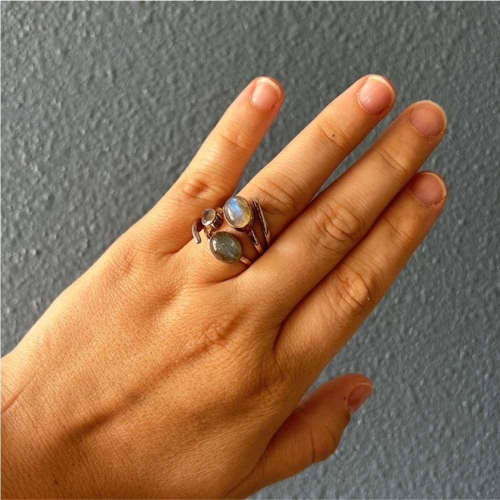 Natural Labradorite and Sterling Silver, 3 oval stone Ring, Size 9 1/2